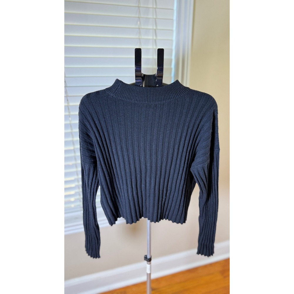 Madewell Women XL Black Ribbed Mock Neck Wool Blend Cropped Boxy Sweater - Picture 6 of 6